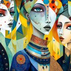 Vibrant artwork featuring three women with modern and tribal patterns