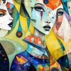 Colorful Stylized Female Figures with Ornate Headdresses