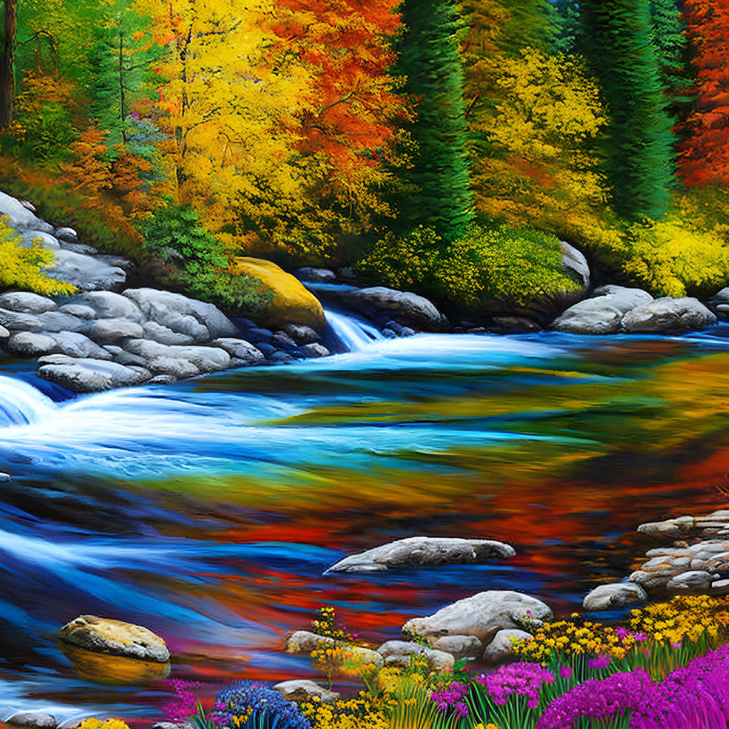 Colorful autumn landscape with river, trees, rocks, and flowers