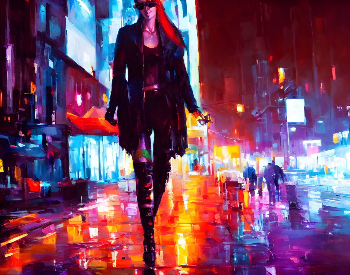 Person with long red hair in sunglasses and black coat striding through neon-lit city street at night