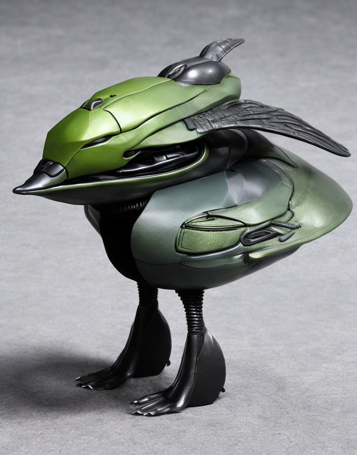 Futuristic green and black robotic bird with metallic feathers on grey background