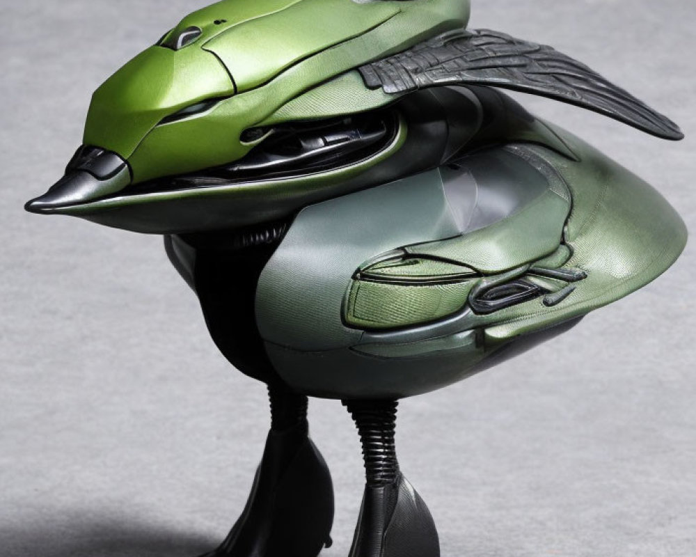 Futuristic green and black robotic bird with metallic feathers on grey background