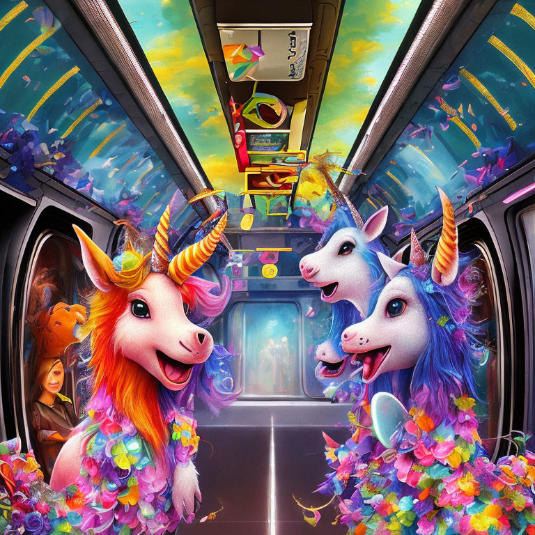 Colorful Fantasy-Themed Subway Car Interior with Unicorns and Outer Space Landscape