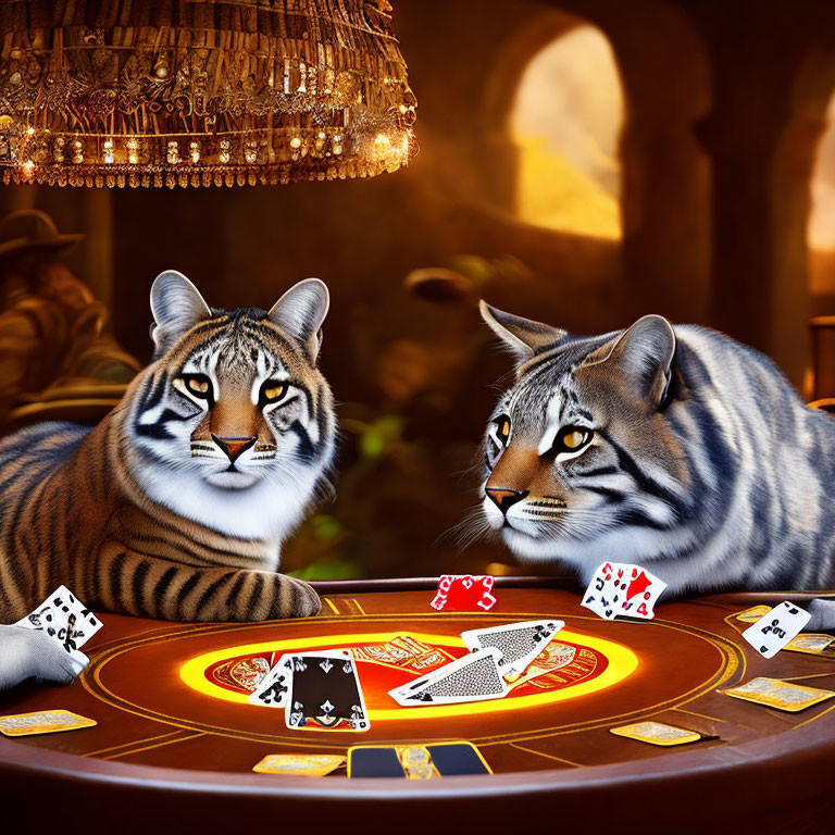 Two tigers with human-like expressions at poker table in opulent setting