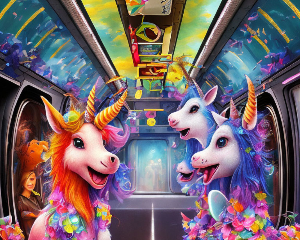 Colorful Fantasy-Themed Subway Car Interior with Unicorns and Outer Space Landscape