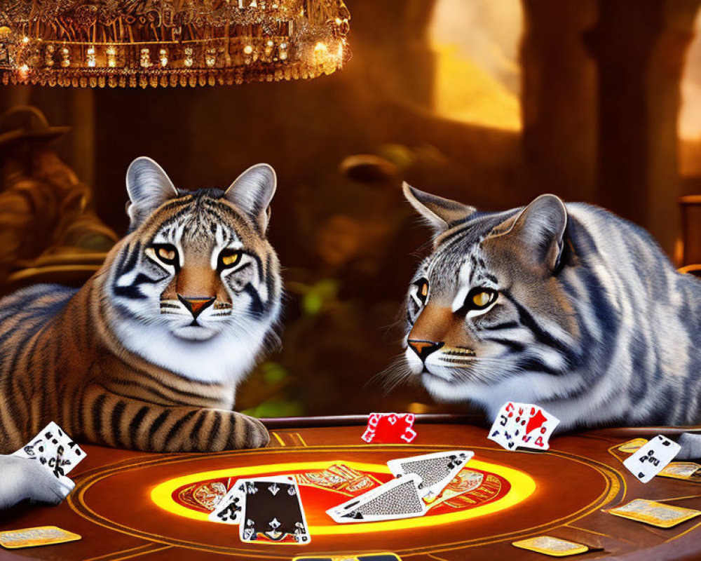 Two tigers with human-like expressions at poker table in opulent setting