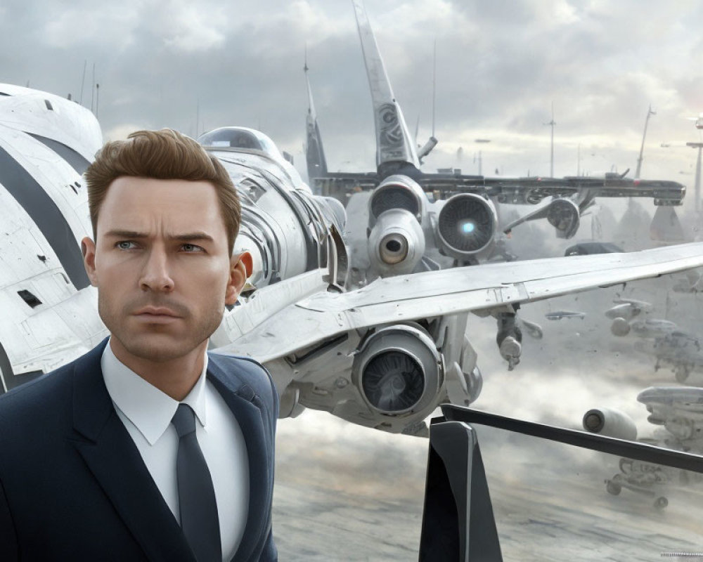 Serious man in suit with futuristic aircraft backdrop