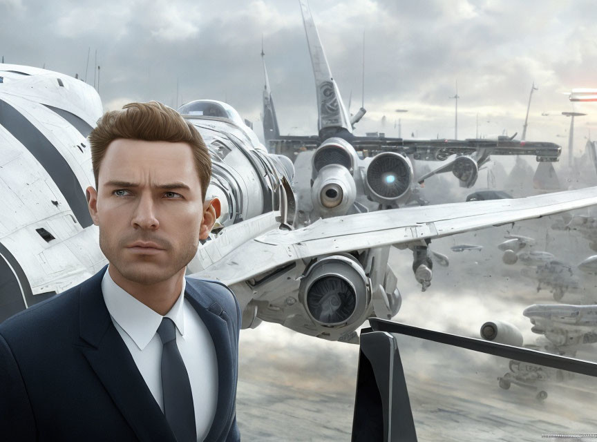 Serious man in suit with futuristic aircraft backdrop