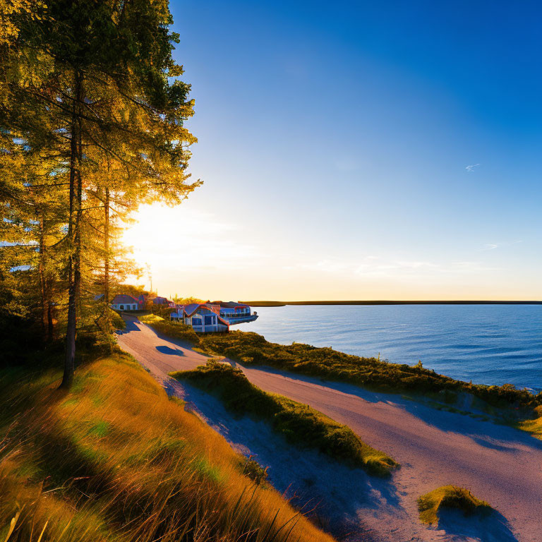 Tranquil beach sunset with golden light on sand, water, trees, and shoreline houses