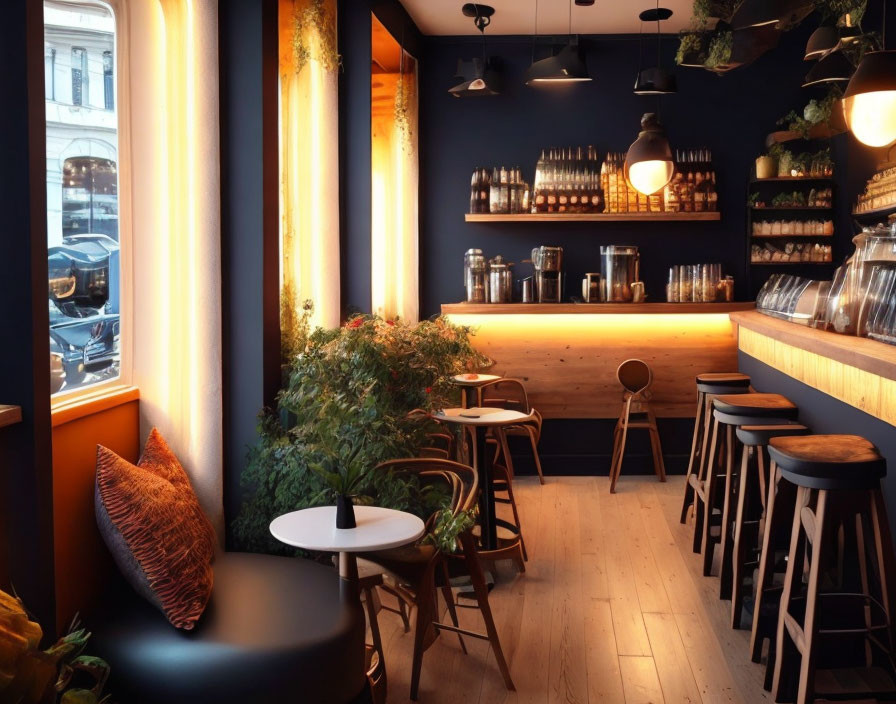 Warmly Lit Café Interior with Bar Stools, Round Tables, Plants, and Coffee Machine