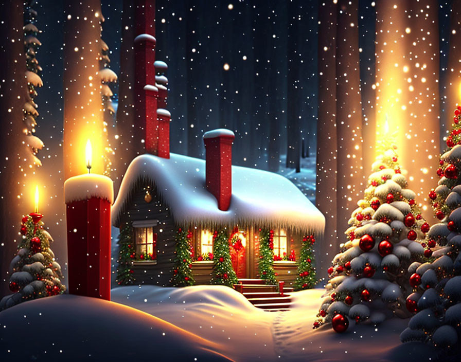 Snowy Cottage with Christmas Decor and Candlelight under Night Sky