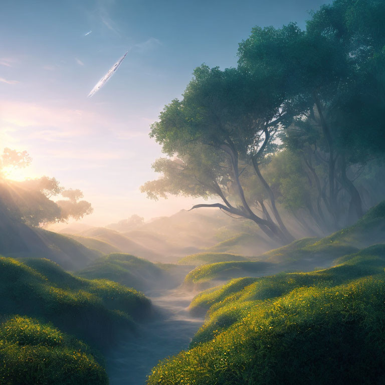 Lush green hills and shooting star in mystical forest landscape