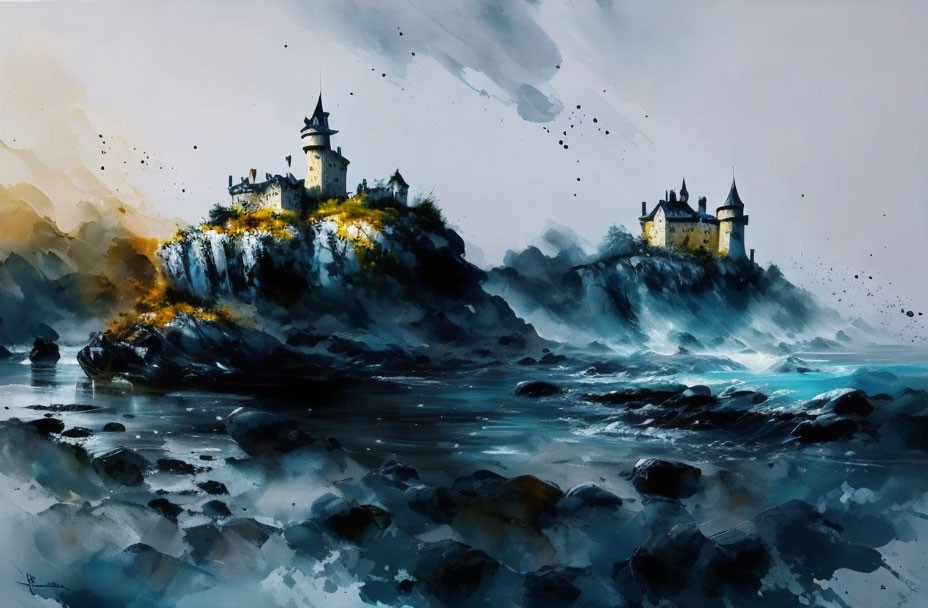 Vivid watercolor painting: Two castles on rocky cliffs above turbulent sea