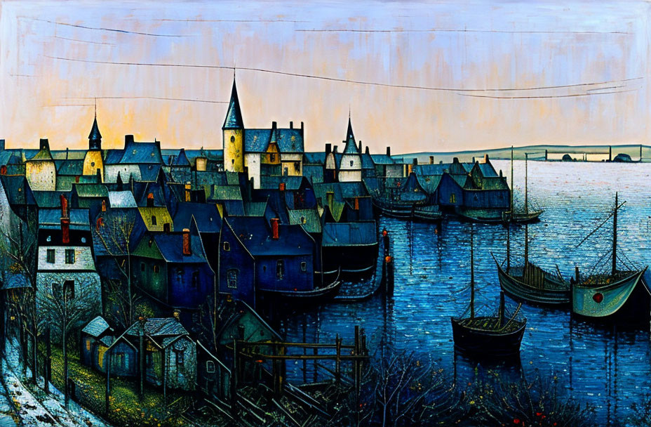 Colorful coastal village painting with angular buildings and boats on shimmering water at sunset