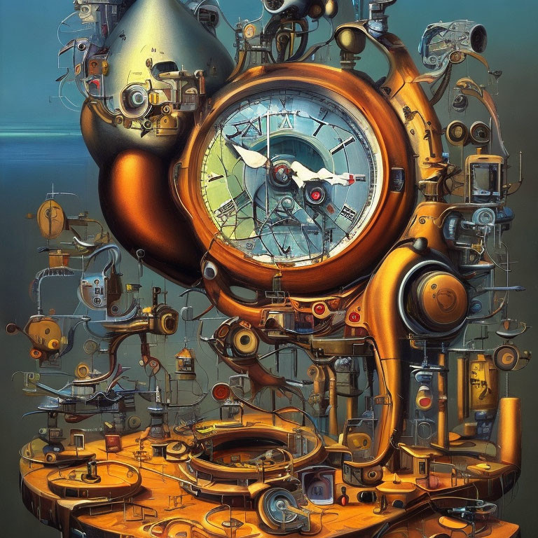 Steampunk machine with clock face and gears on ocean backdrop