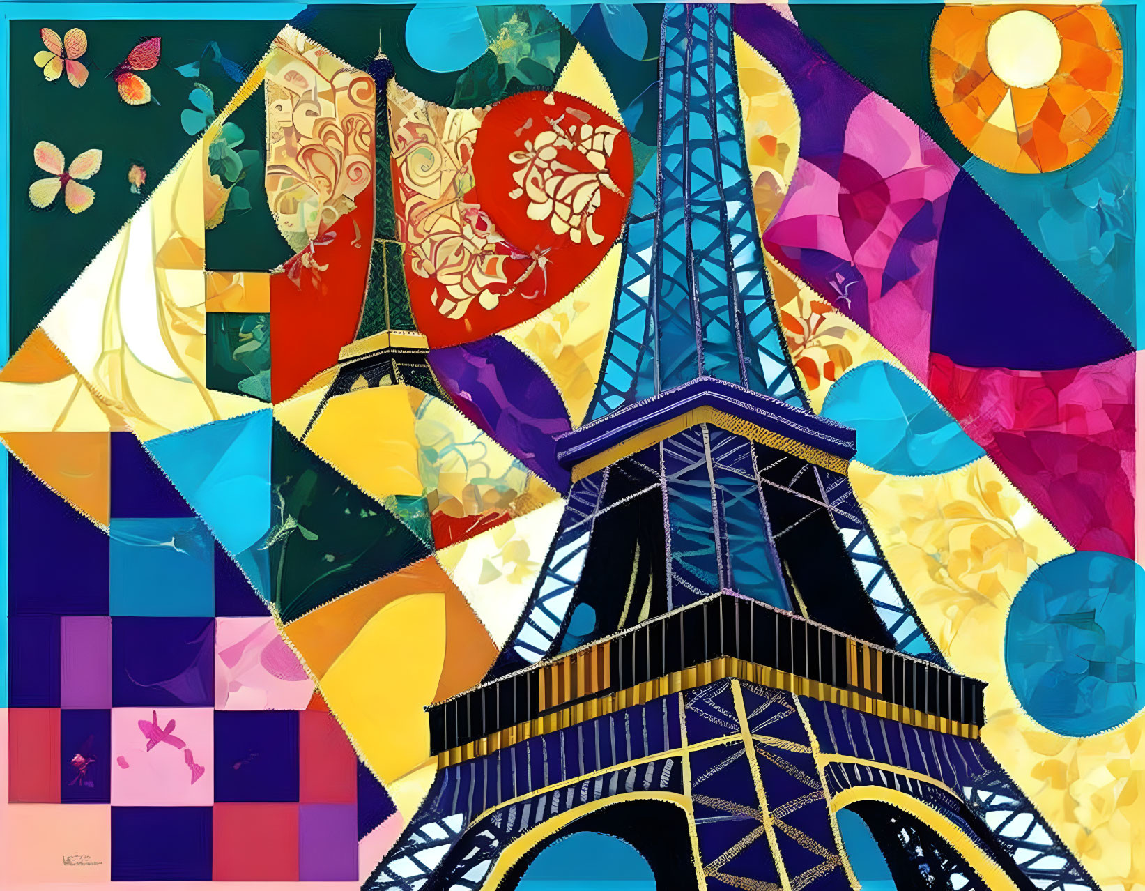 Abstract Eiffel Tower Artwork with Geometric Patterns and Floral Motifs