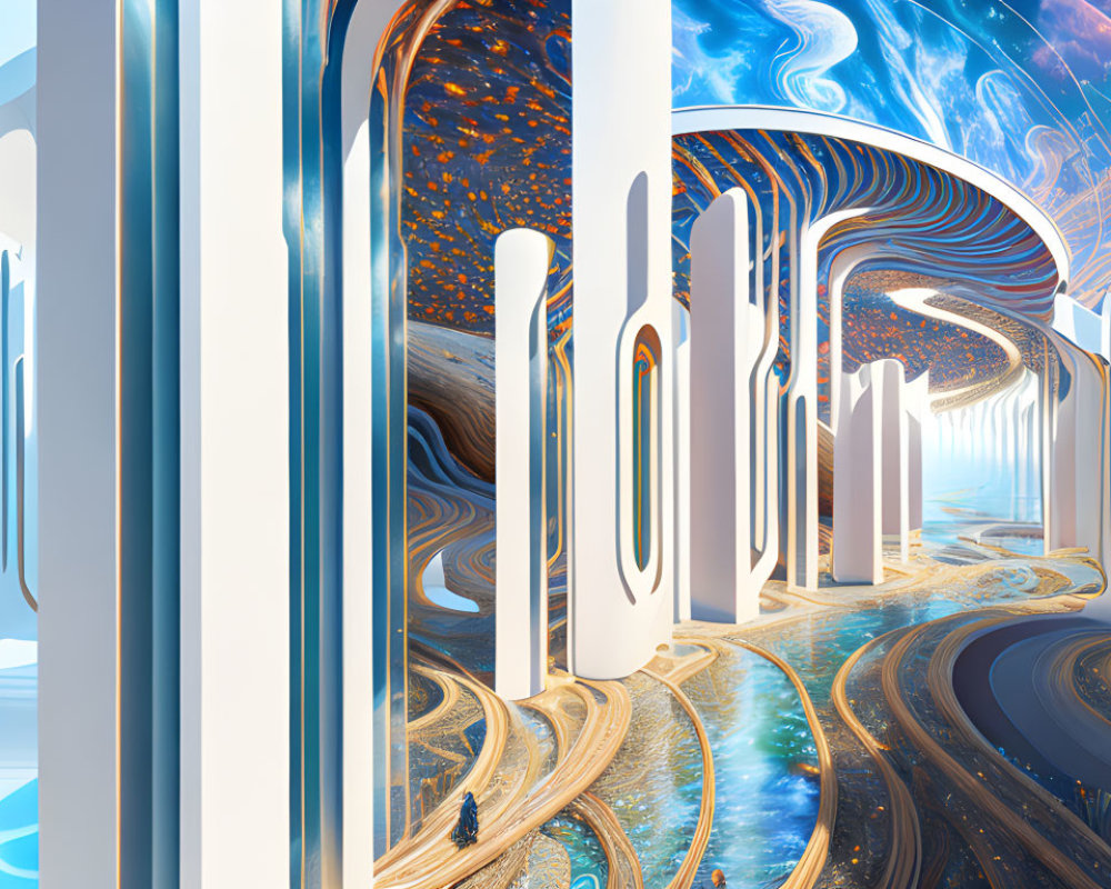 Futuristic corridor with reflective surfaces and abstract art merging under vivid swirling ceiling