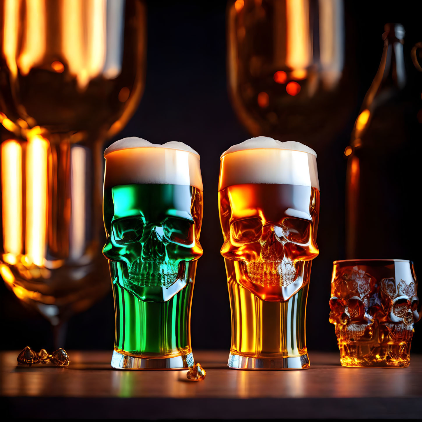 Skull-shaped beer glasses with frothy tops and lit beer bottles background