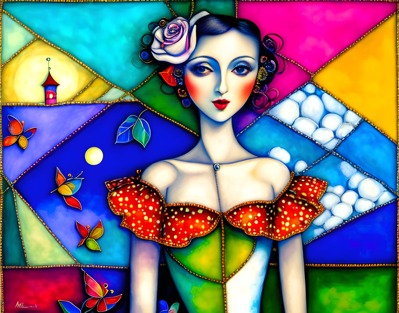 Vibrant painting of woman with rose, geometric shapes, butterflies