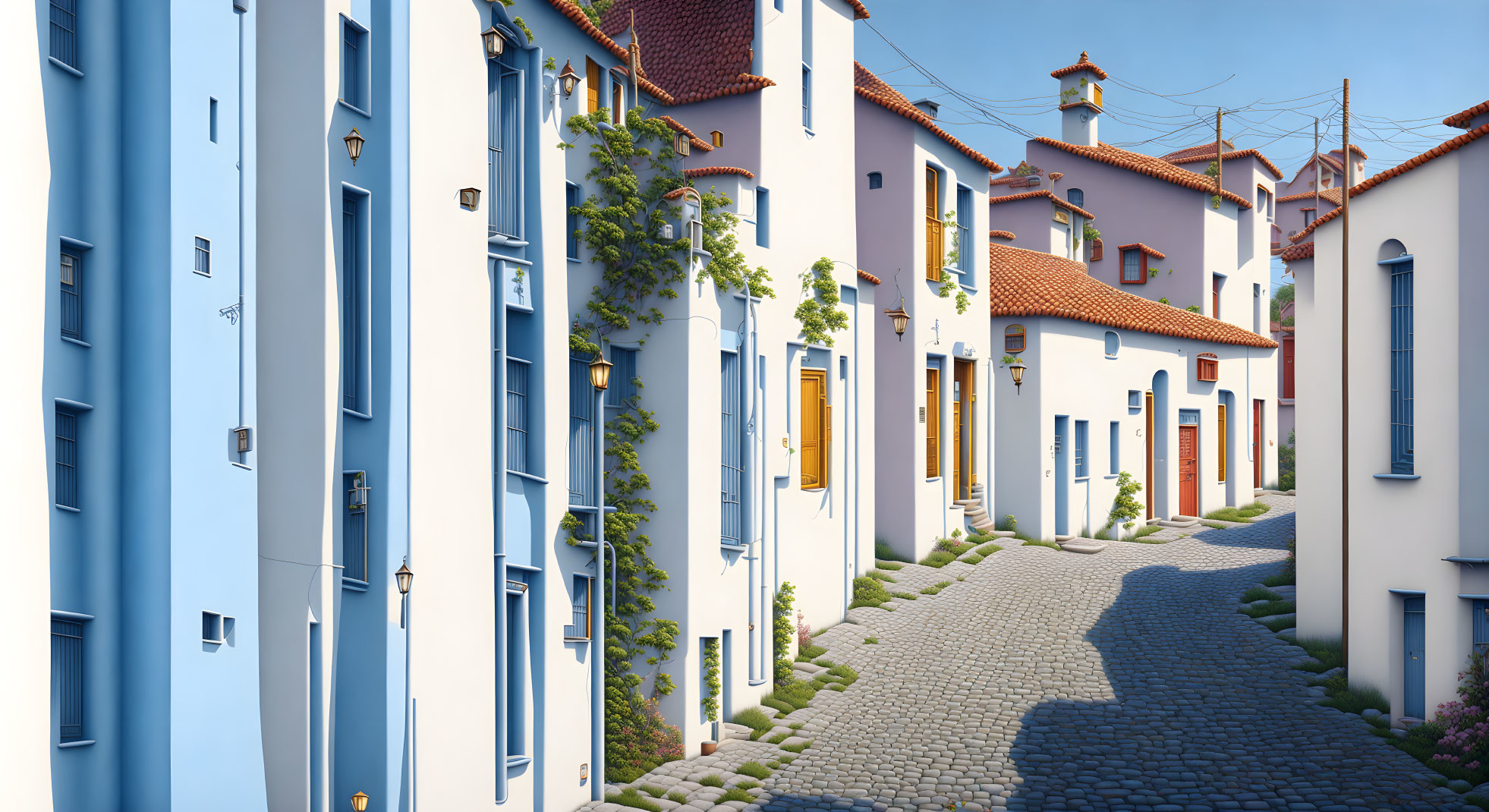 Colorful European Architecture on Cobblestone Street