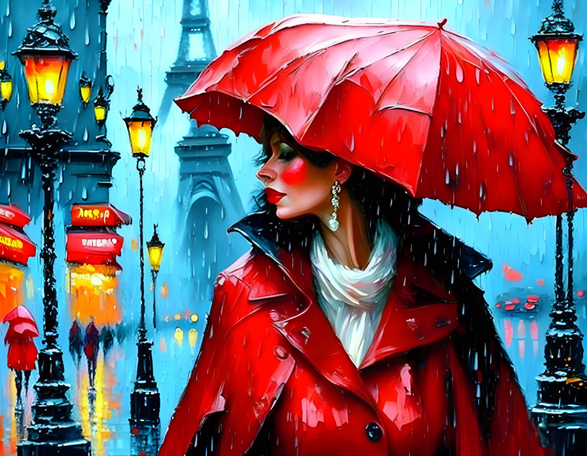 Woman in red coat with umbrella in colorful city rain scene