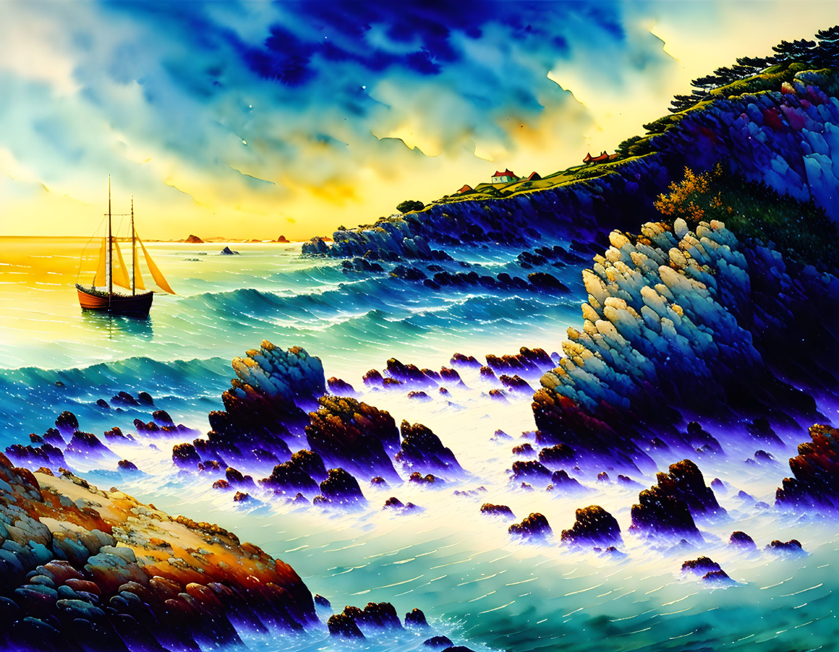 Coastal sunset illustration with sailboat on shimmering waters