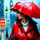 Woman in red coat with umbrella in colorful city rain scene