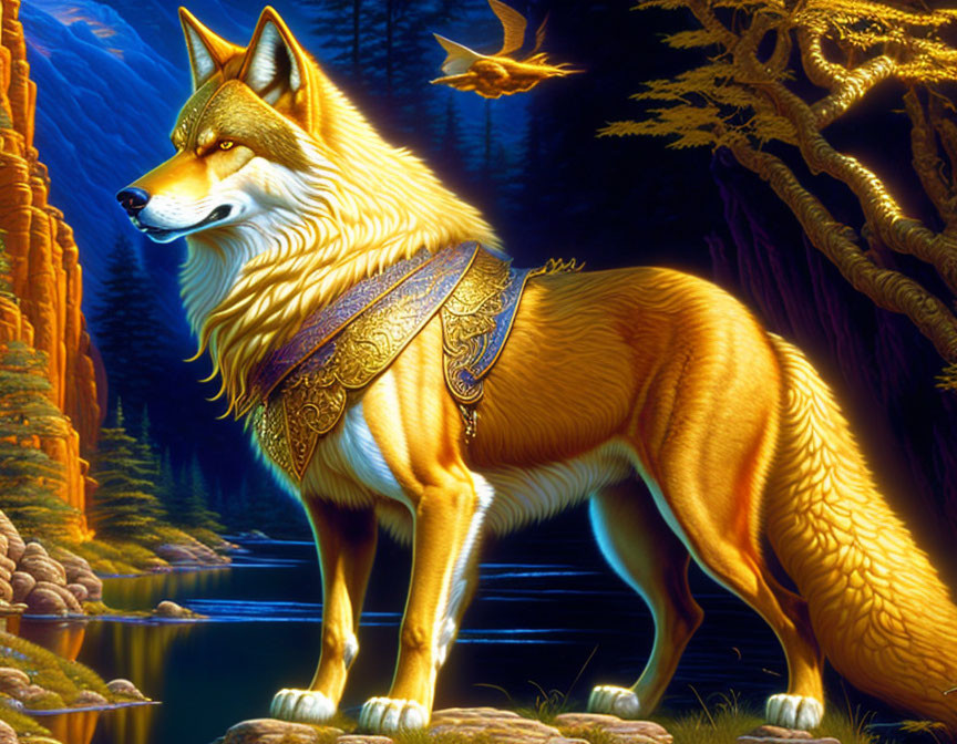 Majestic golden wolf in adorned collar in vibrant fantasy landscape