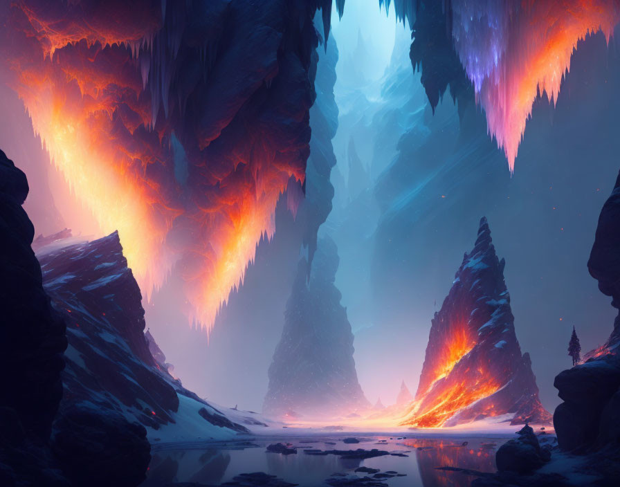 Fantastical surreal landscape with towering rock formations and fiery stalactites