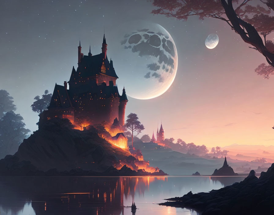 Fantasy castle at dusk overlooking serene lake under starry sky