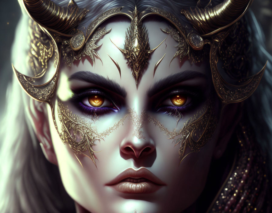 Person with Yellow Eyes and Golden Horned Headpiece in Mystical Illustration