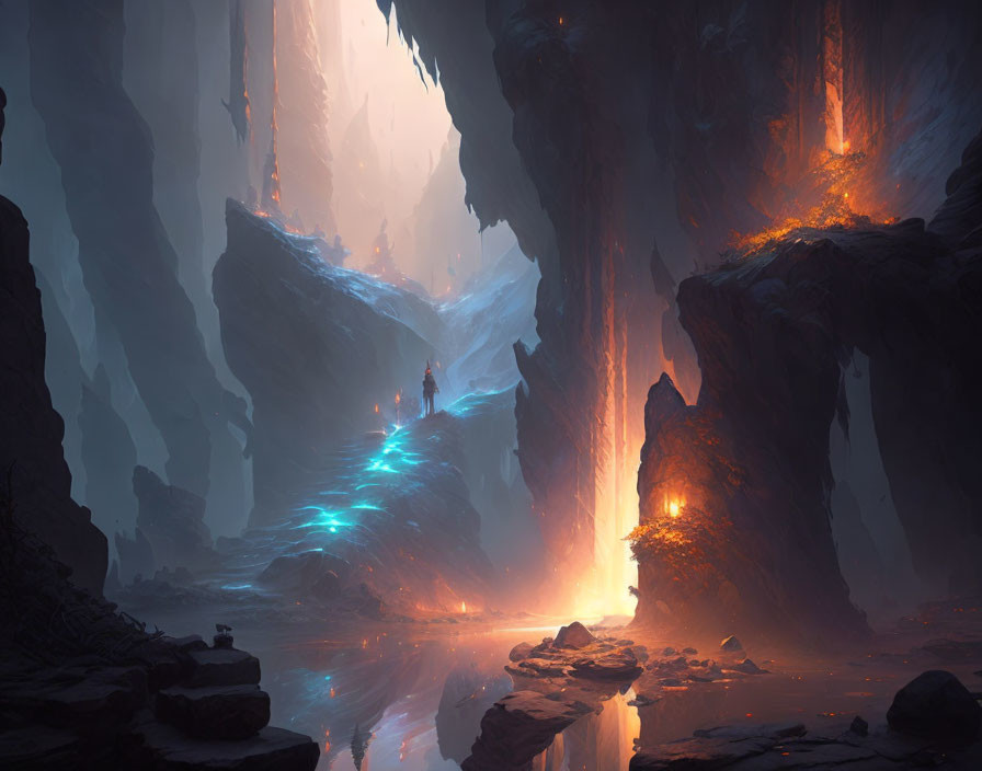 Mystical cavern with glowing lights, stalactites, and reflective water