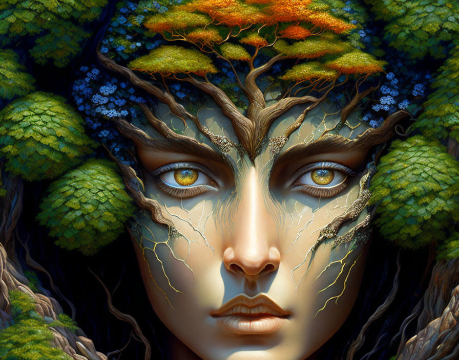 Artwork: Face merged with tree elements, expressive eyes, branches in hair with autumn leaves.