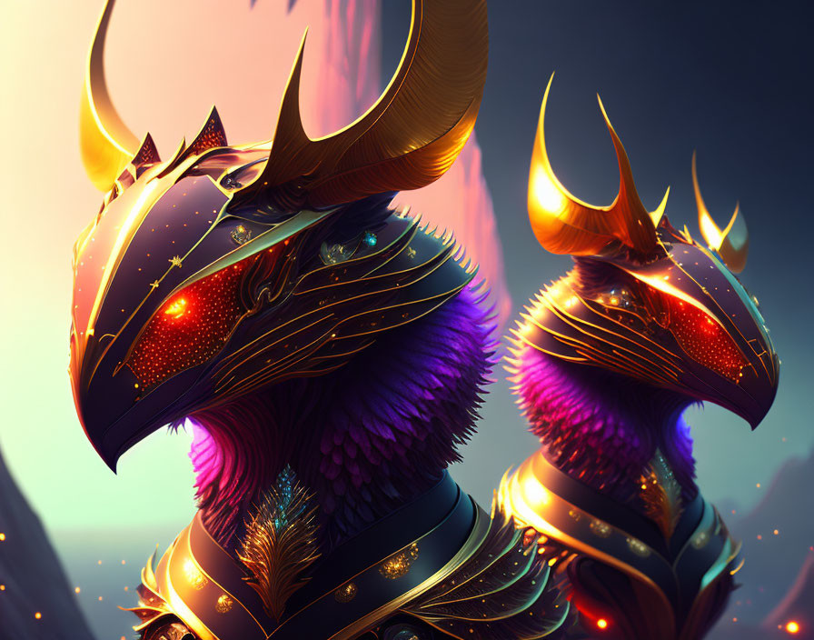 Stylized dragon illustrations with golden armor and horns in dusk sky.