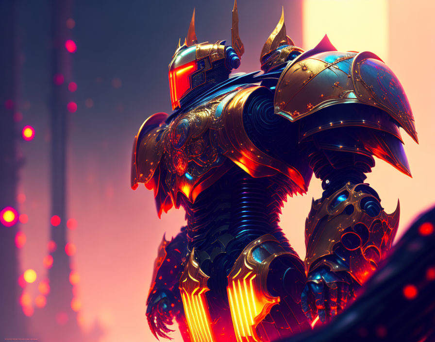 Detailed Futuristic Knight Robot in Glowing Armor Against Red and Pink Skyscape