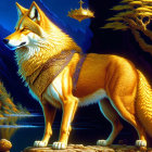 Majestic golden wolf in adorned collar in vibrant fantasy landscape