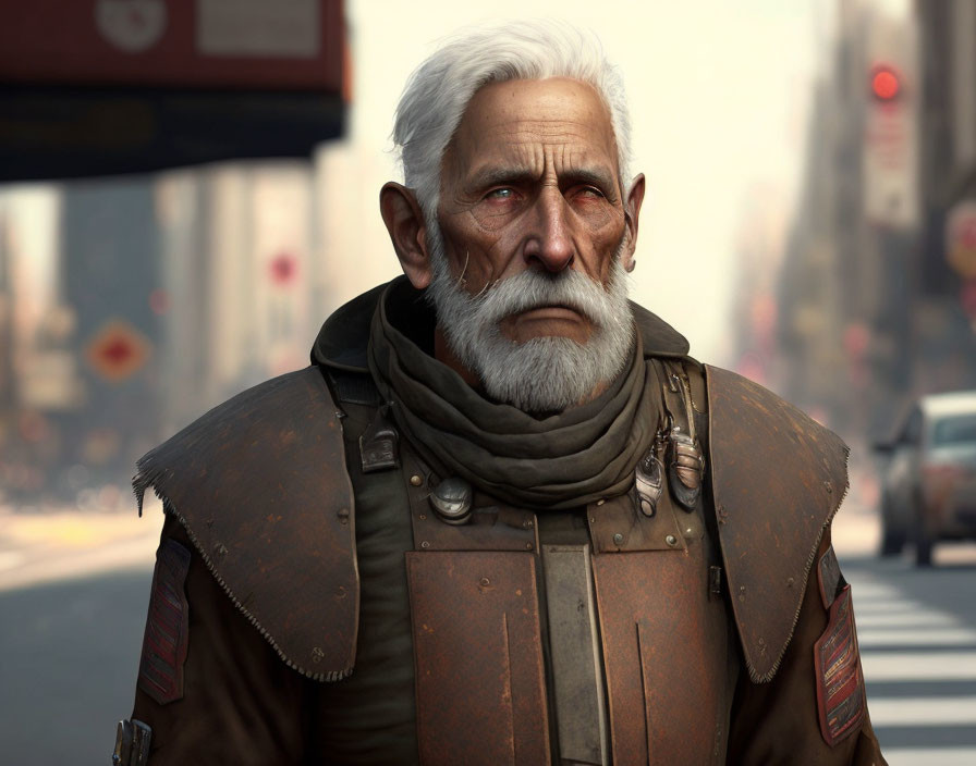 Elderly man with white hair and beard in brown leather jacket gazes in cityscape