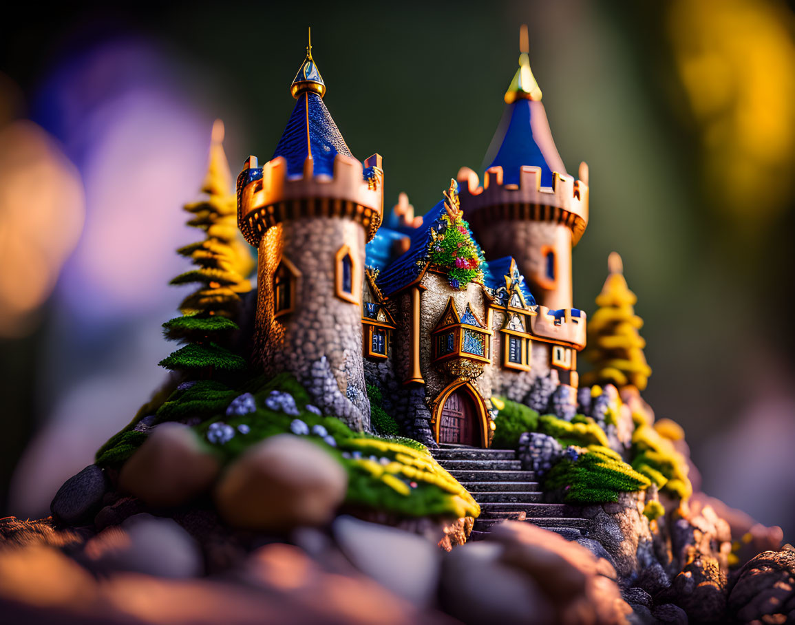 Miniature fairy tale castle in lush greenery with soft lighting