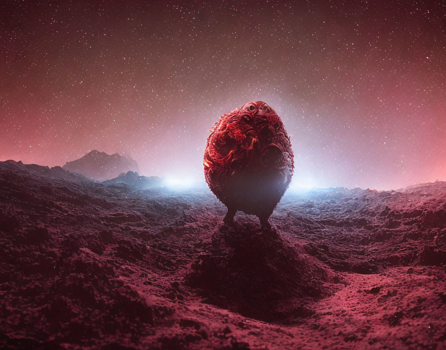 Surreal alien landscape with red sphere on textured ground