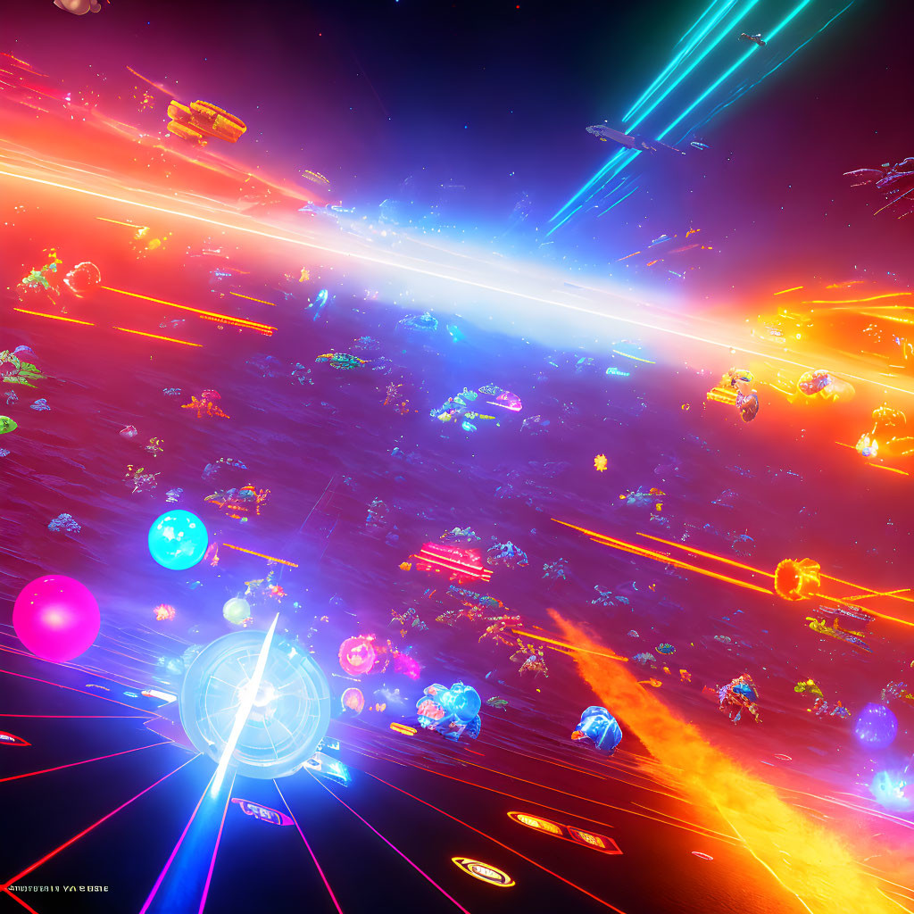 Colorful Space Battle Scene with Spacecraft and Explosions