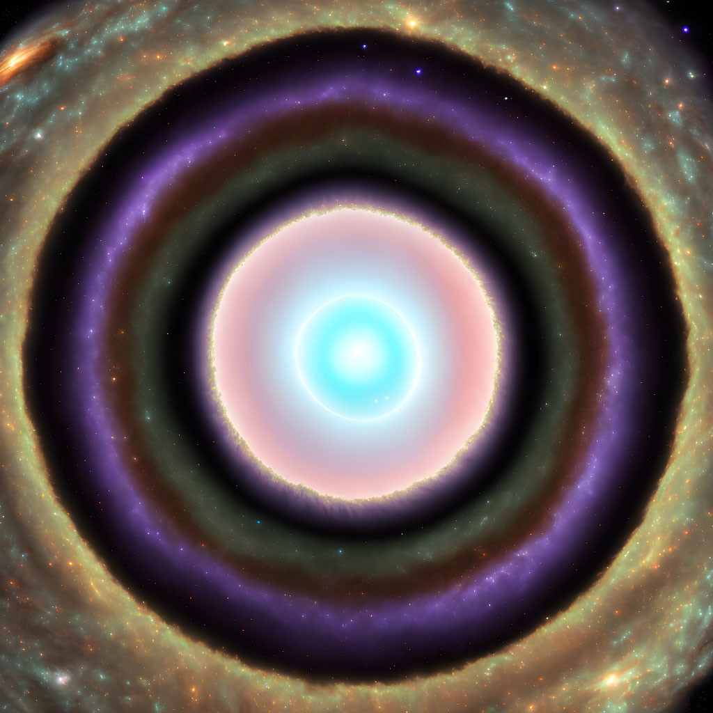 Celestial object with blue, purple, and orange rings on starry backdrop.