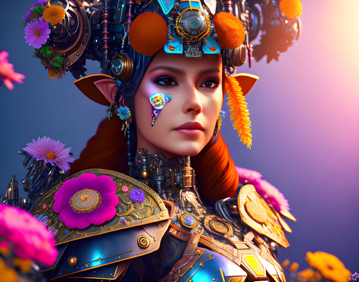 Intricate blue and gold armored elf with floral and mechanical details on purple background