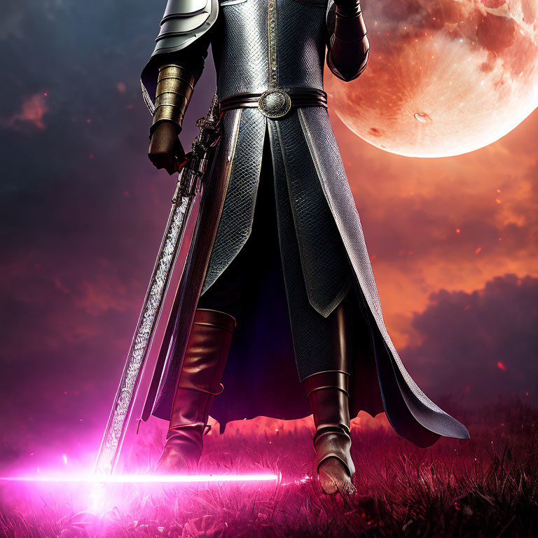 Armored knight with lightsaber in field under red sky and large moon