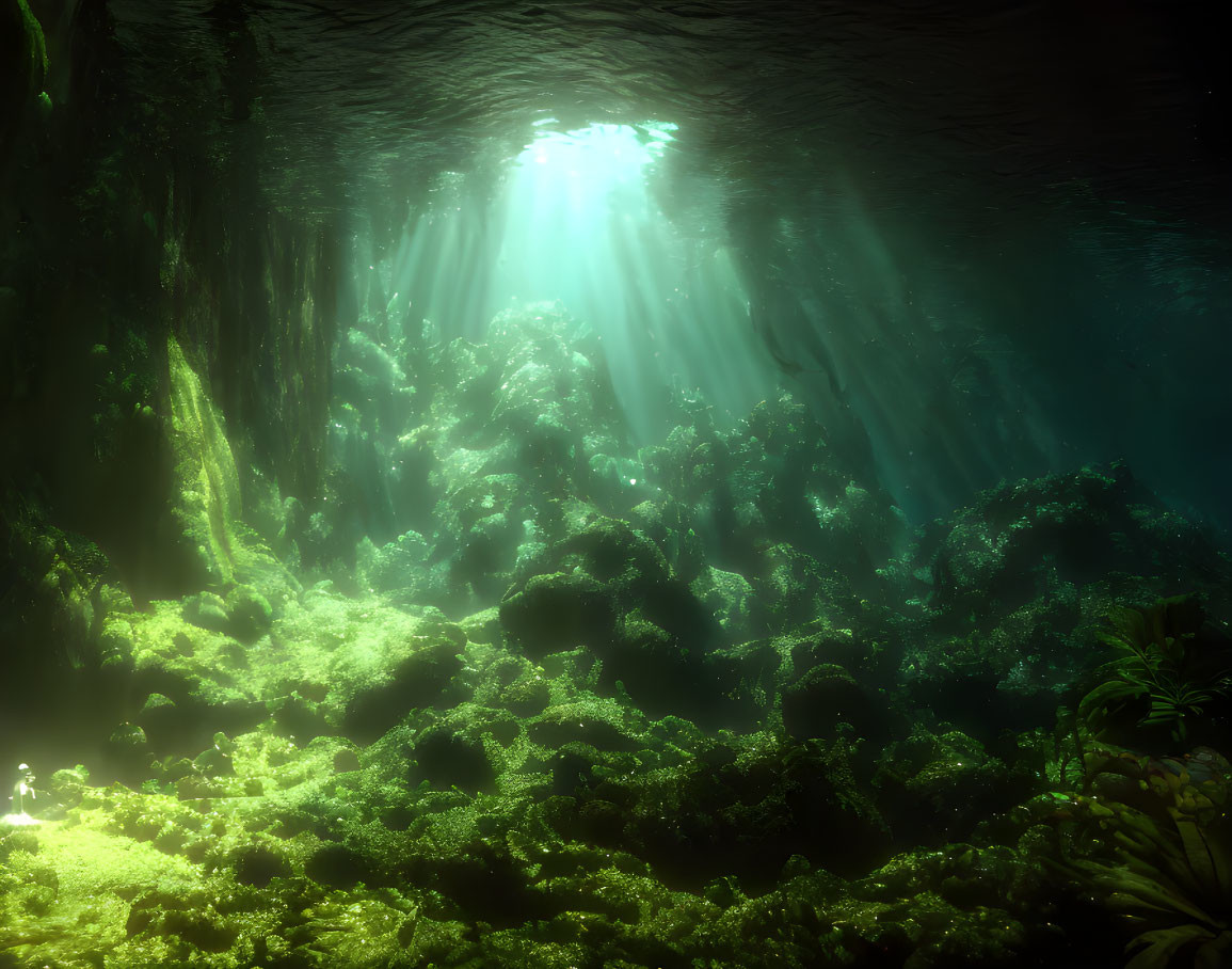 Underwater cave with sunlight filtering through water surface