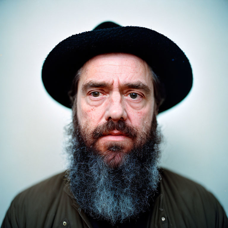 Portrait of man with full gray beard, black hat, and olive green jacket on plain background