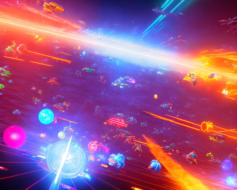 Colorful Space Battle Scene with Spacecraft and Explosions