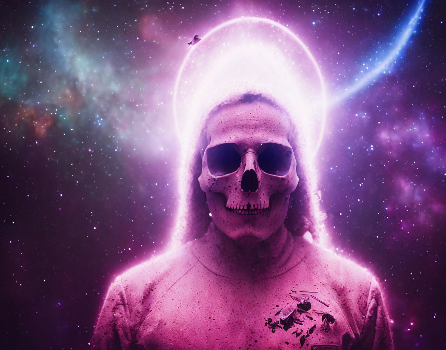 Glowing halo skull on cosmic purple and pink background