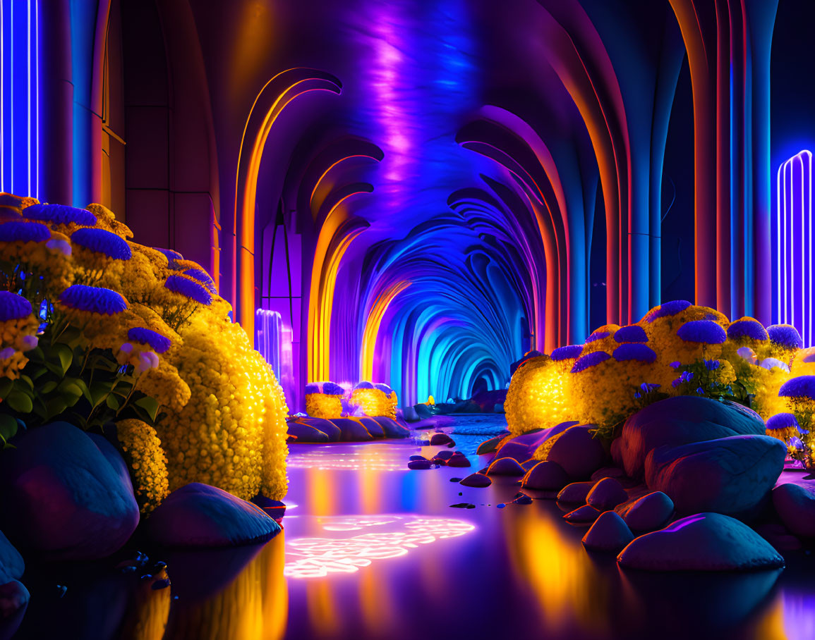 Colorful illuminated tunnel with floral and stone decor.