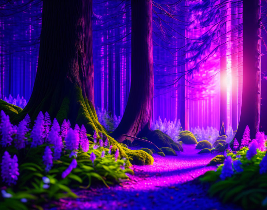 Mystical Purple-Lit Forest with Sunlight Filtering Through Trees