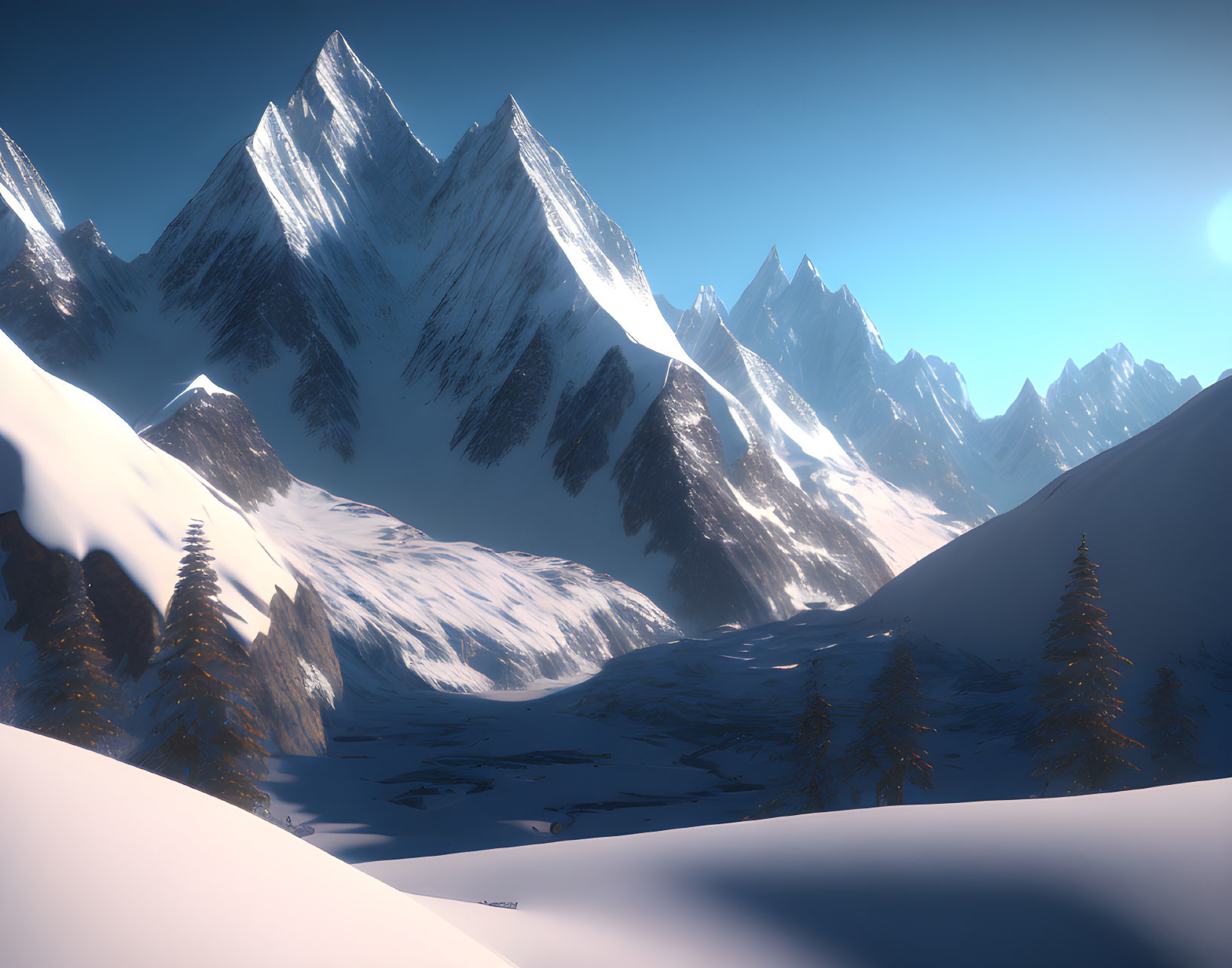 Snow-covered mountain landscape with towering peaks and evergreen trees.